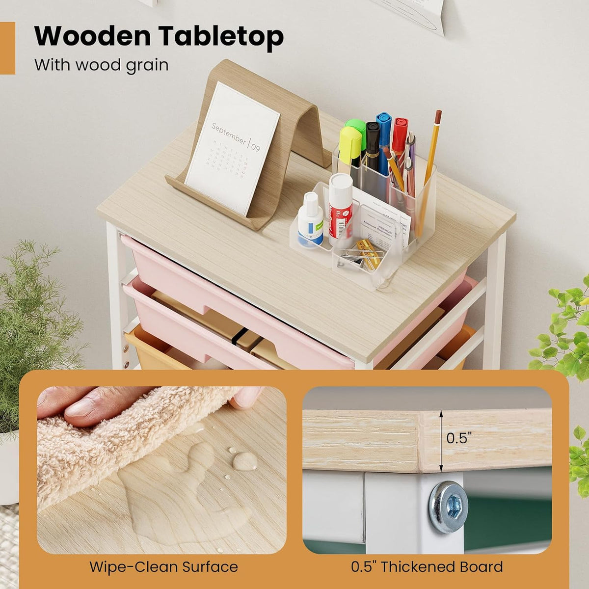 GOFLAME Rolling Storage Cart with Wooden Top