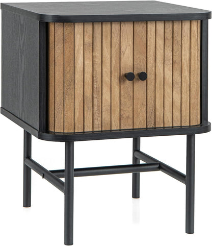 Goflame Mid-Century Modern Nightstand, Wood Bedside Table with Sliding Doors and 4 Metal Legs