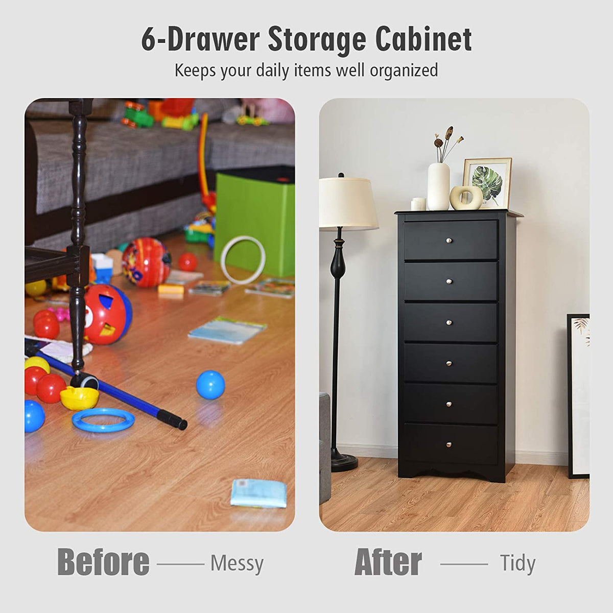 6 Drawer Chest Wooden Dresser Clothes Organizer Bedroom - Goflameus