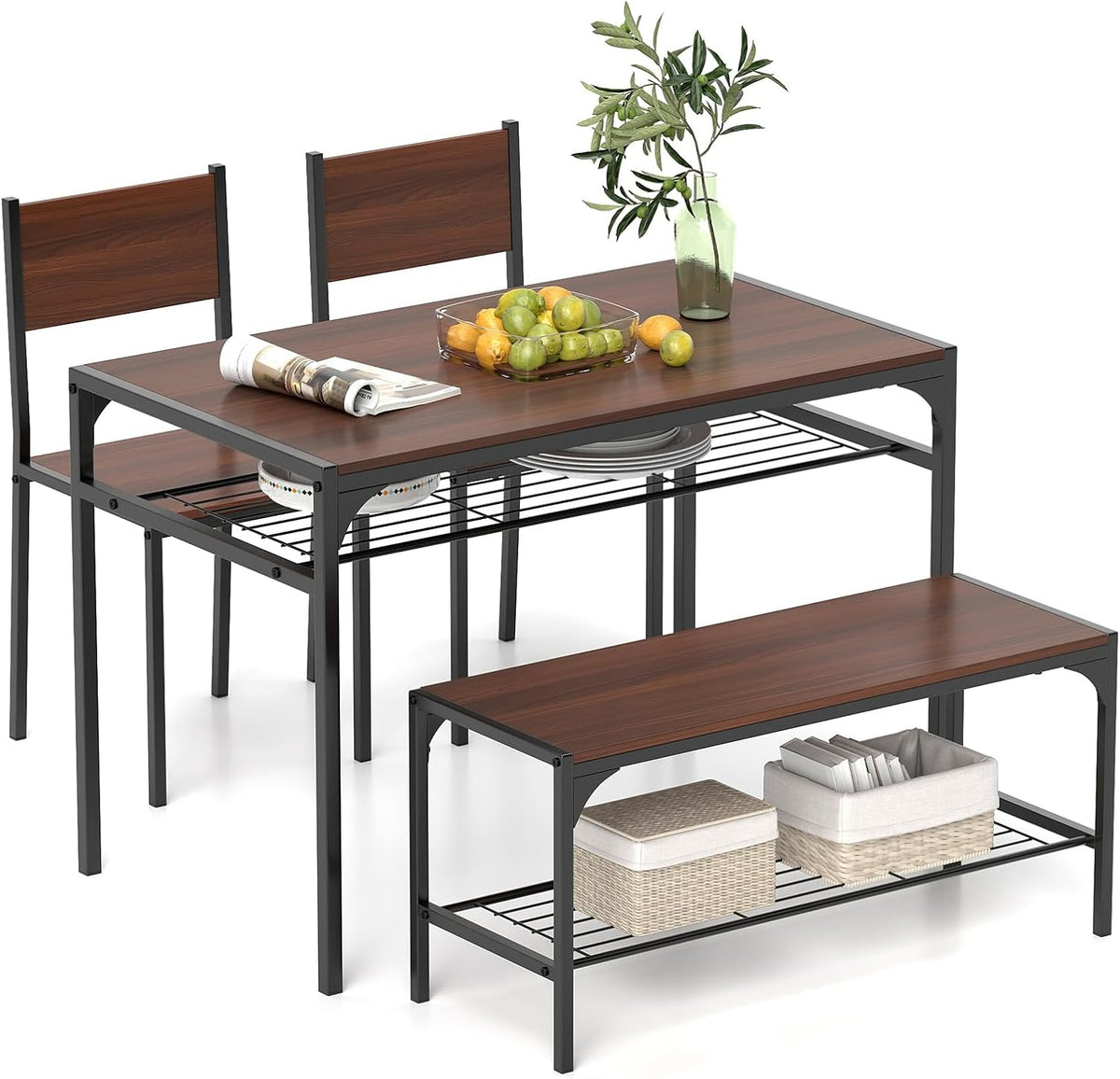 Goflame Dining Table Set for 4, Kitchen Table with Chairs & Bench, Storage Racks