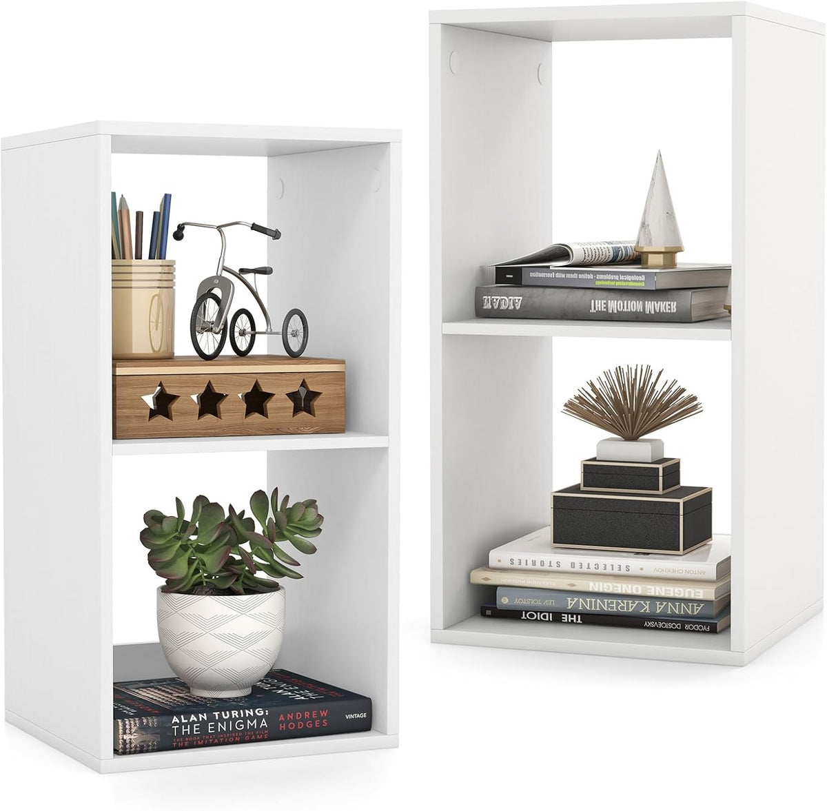 Goflame 2-Cube Bookcase, White Cubby Bookshelf w/Back Guardrail & Anti-Tipping Kits