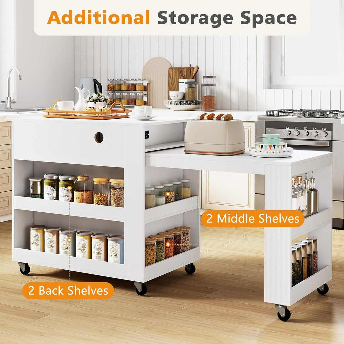 Goflame 72”-44.5” Extendable Kitchen Island with Storage, Power Outlet | Rolling Kitchen Island Table on Wheels w/Fluted Doors