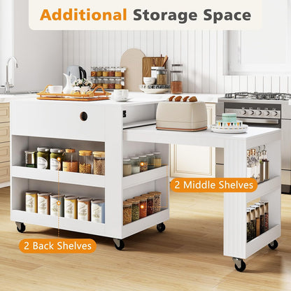 Goflame 72”-44.5” Extendable Kitchen Island with Storage, Power Outlet | Rolling Kitchen Island Table on Wheels w/Fluted Doors