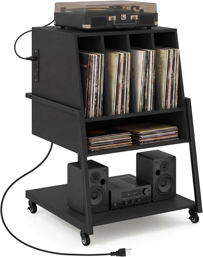 Goflame Record Player Stand on Wheels | 3-Tier Turntable Stand with Charging Station