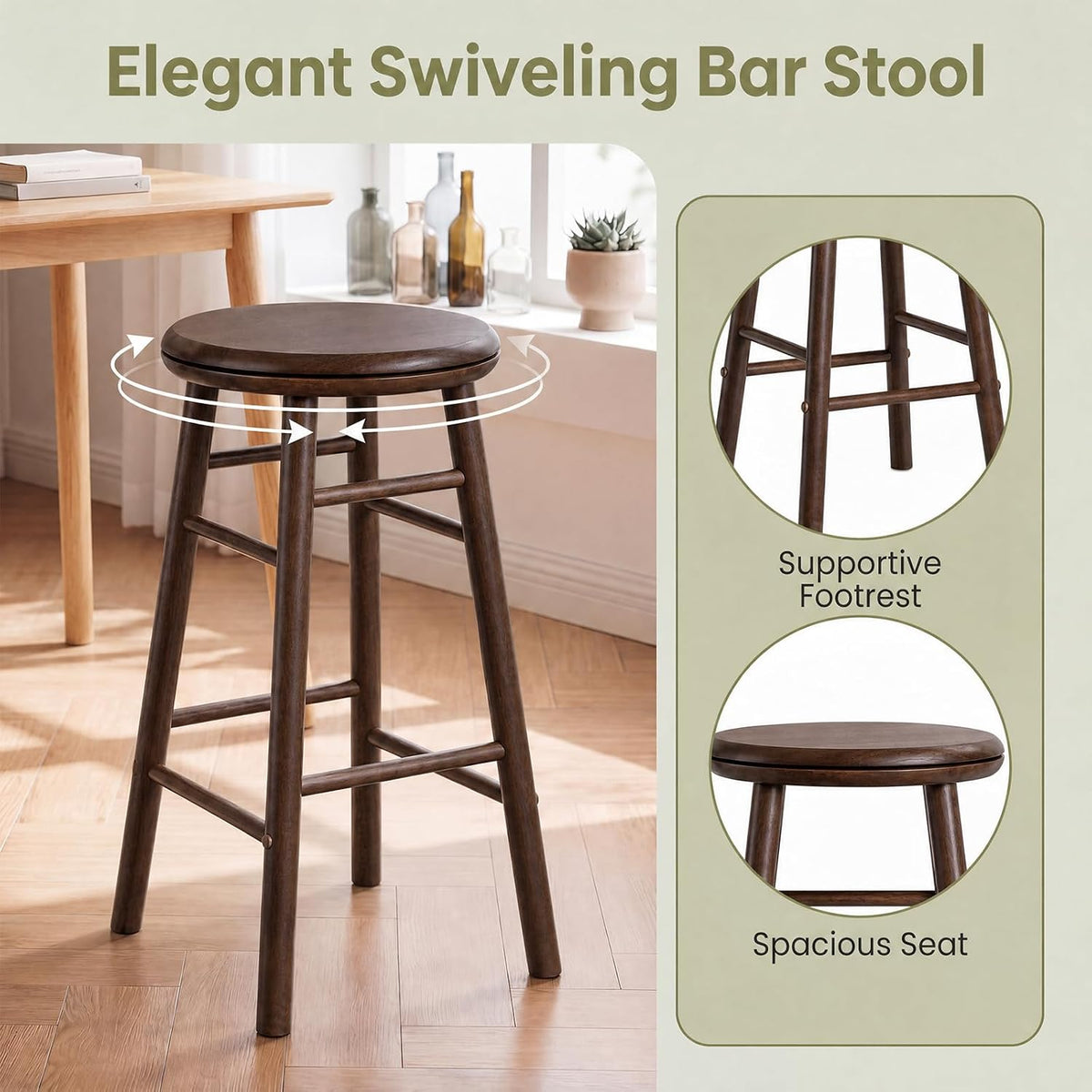 Goflame 24 Inch Swivel Bar Stools Set of 2, Rubber Wood, Walnut | Round Bar Chairs w/Backless Design