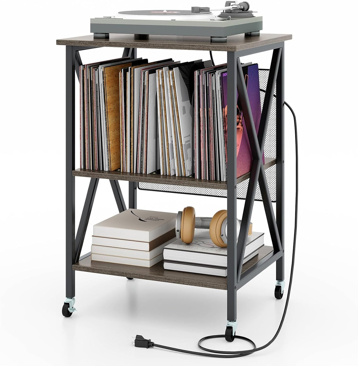 Goflame Record Player Stand with Charging Station, Turntable Stand with Record Storage & 4 Rolling Wheels