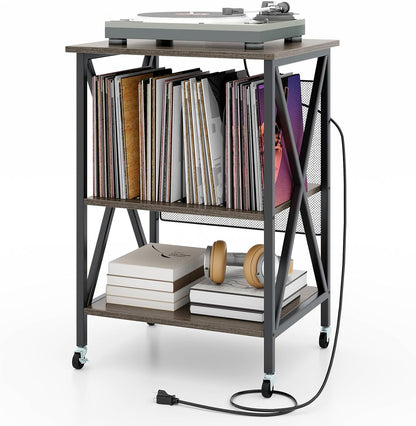 Goflame Record Player Stand with Charging Station, Turntable Stand with Record Storage & 4 Rolling Wheels