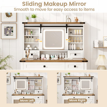 Farmhouse Vanity Desk with Sliding Mirror and Lights, Makeup Vanity Desk Set with Glass Desktop