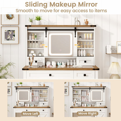 Farmhouse Vanity Desk with Sliding Mirror and Lights, Makeup Vanity Desk Set with Glass Desktop