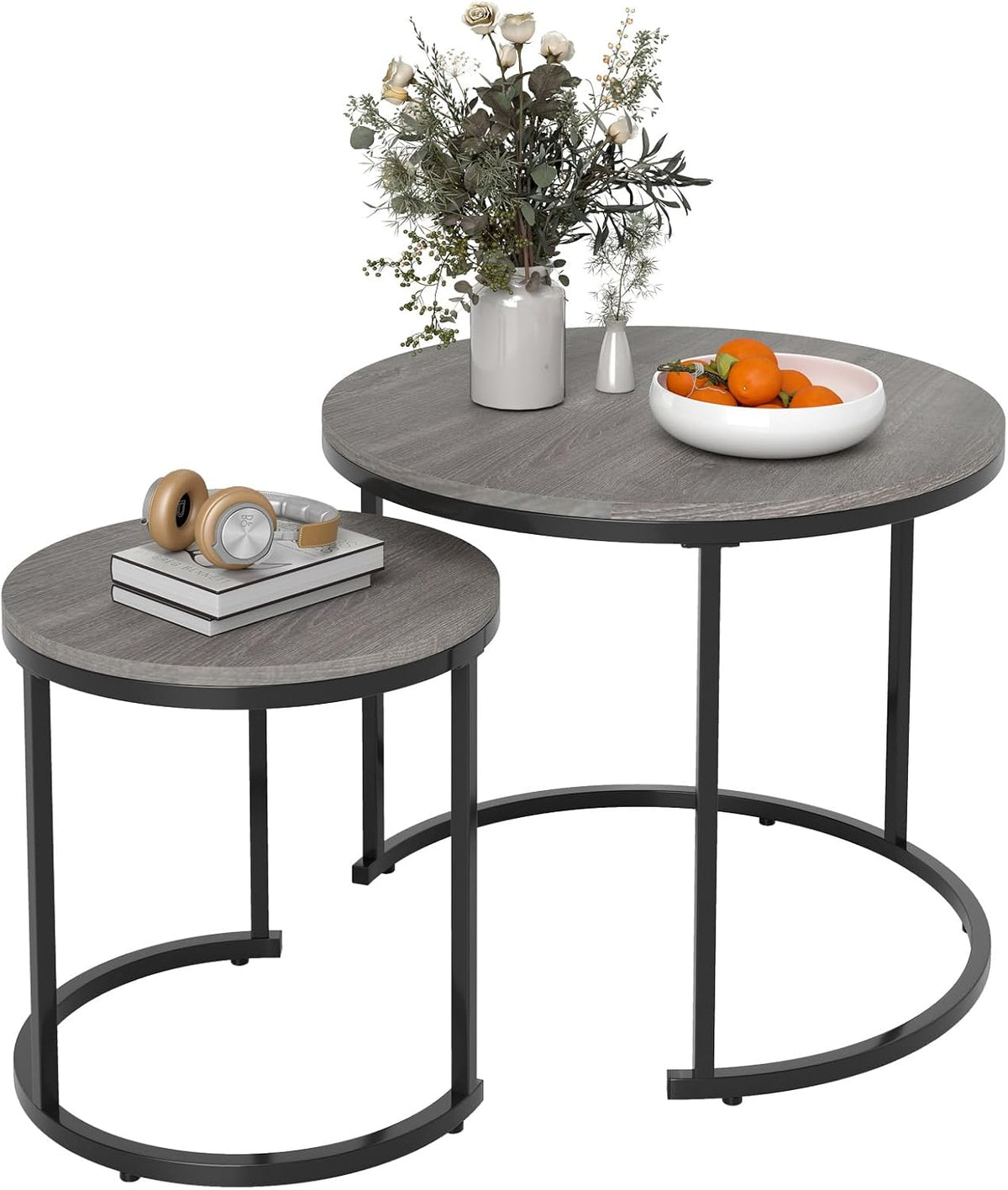 Nesting Coffee Table Set of 2, Round Stacking Side Tables w/Wooden Tabletop & Steel Frame