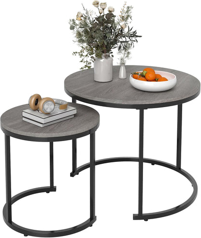 Nesting Coffee Table Set of 2, Round Stacking Side Tables w/Wooden Tabletop & Steel Frame