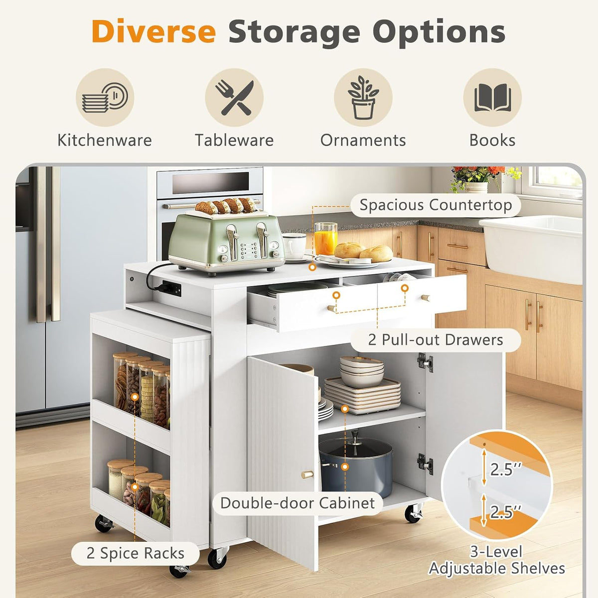 Goflame 72”-44.5” Extendable Kitchen Island with Storage, Power Outlet | Rolling Kitchen Island Table on Wheels w/Fluted Doors