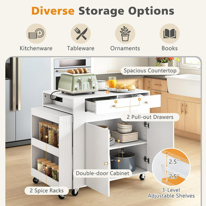 Goflame 72”-44.5” Extendable Kitchen Island with Storage, Power Outlet | Rolling Kitchen Island Table on Wheels w/Fluted Doors