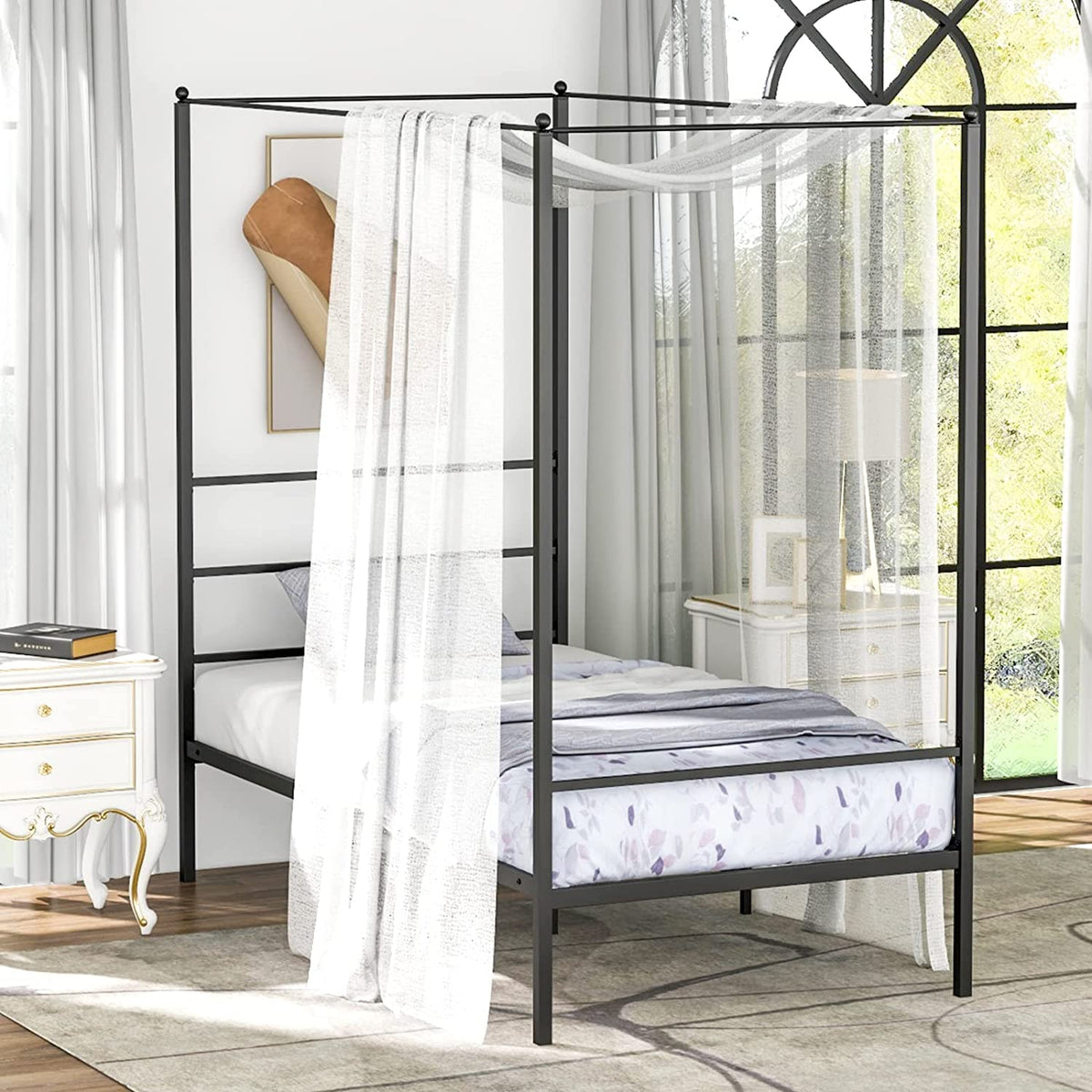 Goflame Full Size Metal Canopy Bed Frame, Modern Platform Bed Frame with 4 Poster & Headboard