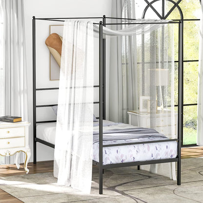 Goflame Full Size Metal Canopy Bed Frame, Modern Platform Bed Frame with 4 Poster & Headboard