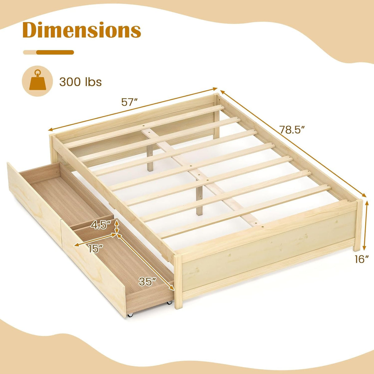Goflame Queen/Full/Twin Size Bed Frame with 2 Storage Drawers, Solid Wood Platform Bed with Slats Support