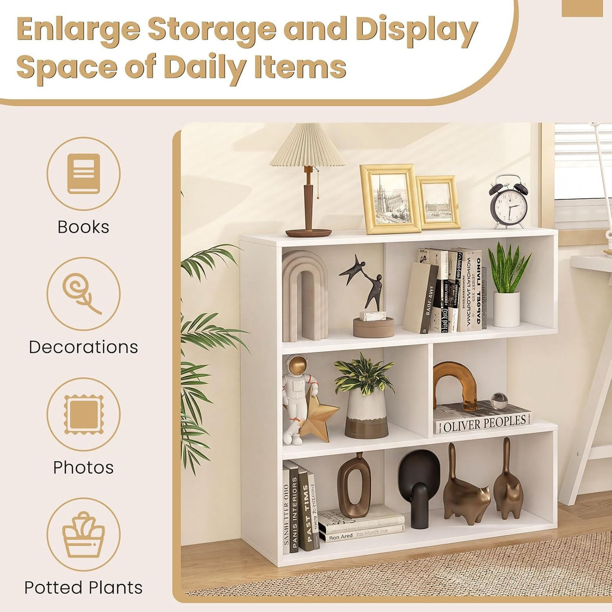 Goflame 3-Tier Bookshelf, Wooden Concave Bookcase for Small Space | Modern Freestanding Display Storage Shelves