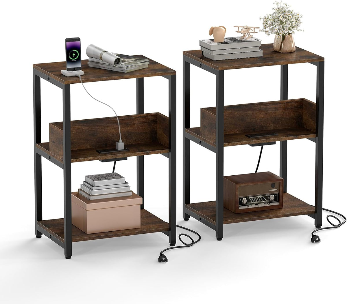 Goflame Side Table with Charging Station - Industrial 3-Tier Bedside Table w/Open Storage Shelves