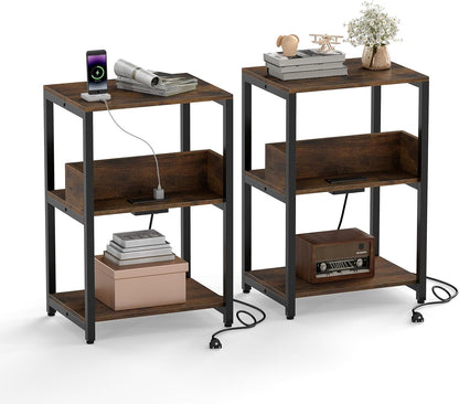 Goflame Side Table with Charging Station - Industrial 3-Tier Bedside Table w/Open Storage Shelves