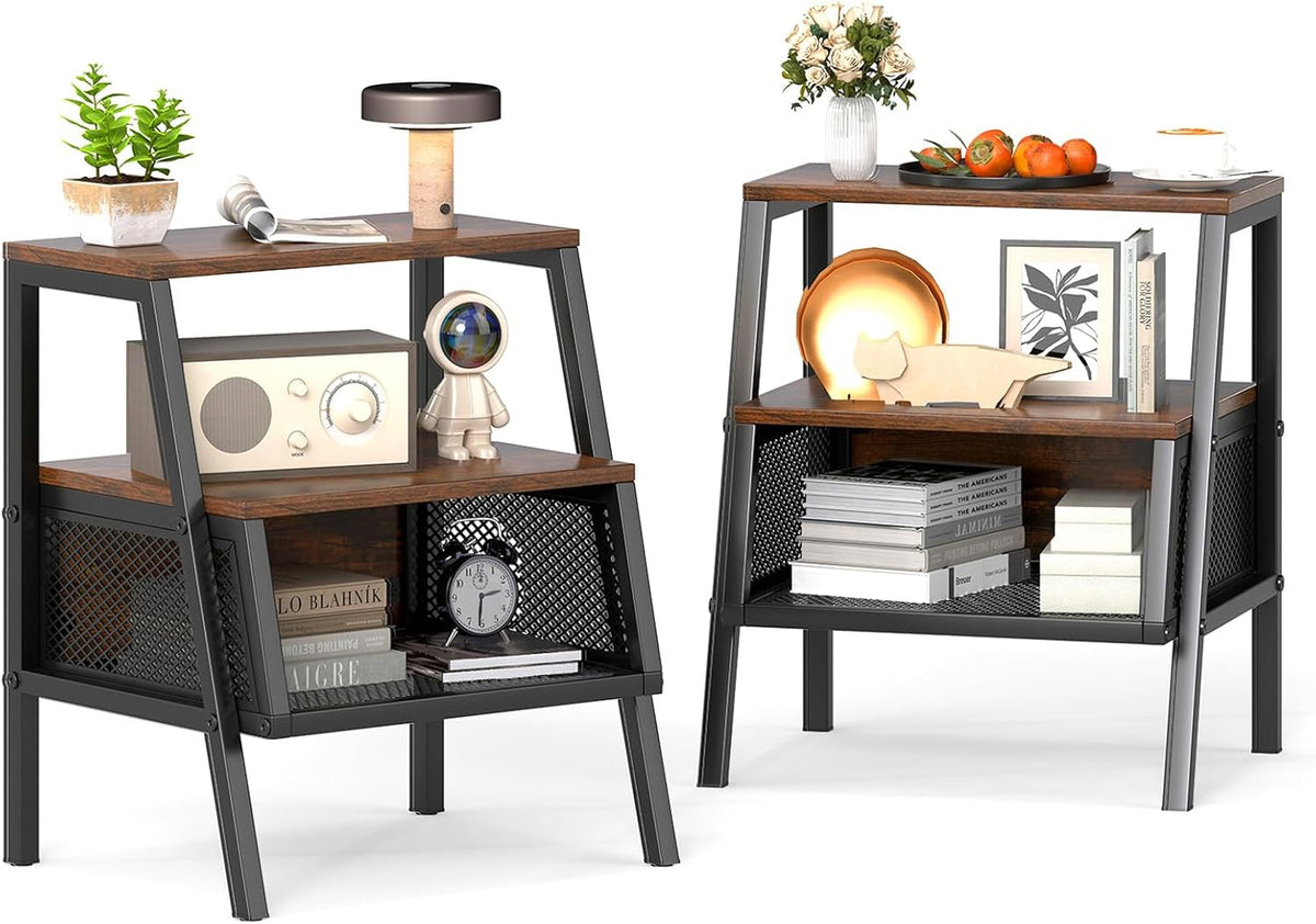 Goflame Industrial Nightstand 3-Tier End Table with 2 Open Shelves and Metal Mesh Compartment