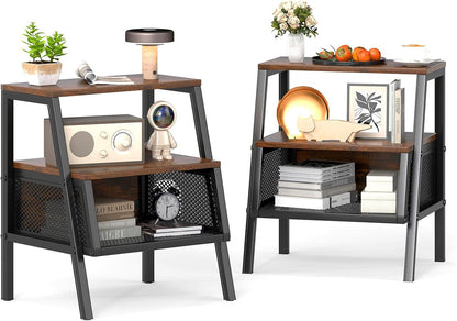 Goflame Industrial Nightstand 3-Tier End Table with 2 Open Shelves and Metal Mesh Compartment