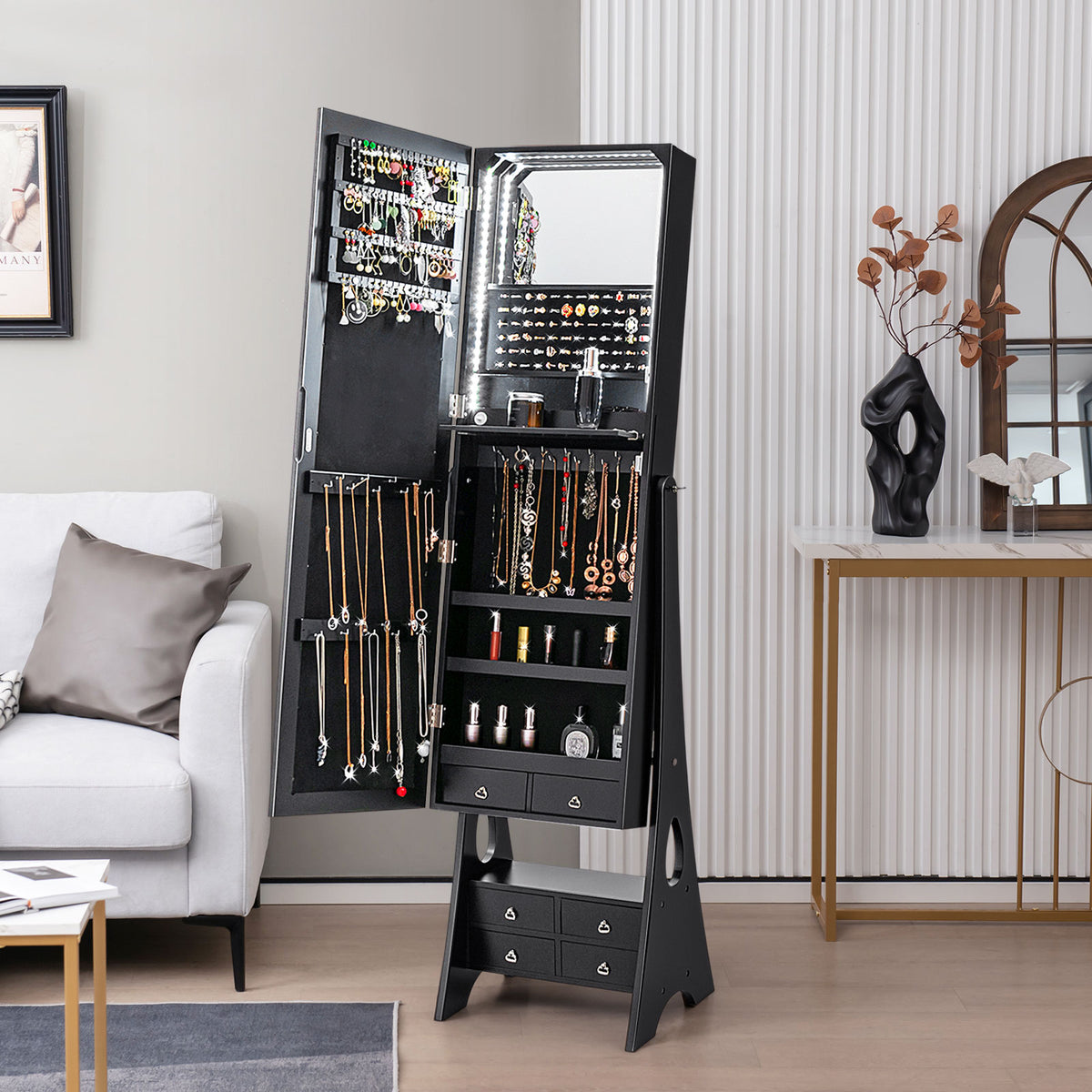 Jewelry Cabinet Freestanding, LED Lighted Jewelry Armoire with Full-length Frameless Mirror
