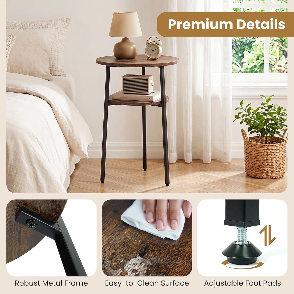 Goflame Round Side Table, 2-Tier End Table w/Metal Frame | Accent Nightstand Bedside Table w/ Storage Shelf for Small Space Sofa Couch Side