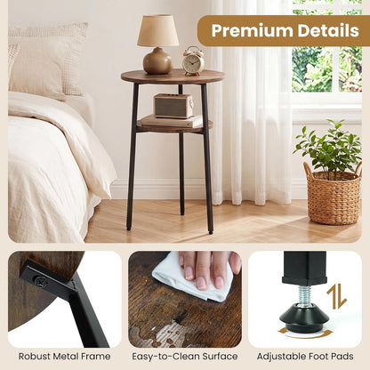 Goflame Round Side Table, 2-Tier End Table w/Metal Frame | Accent Nightstand Bedside Table w/ Storage Shelf for Small Space Sofa Couch Side