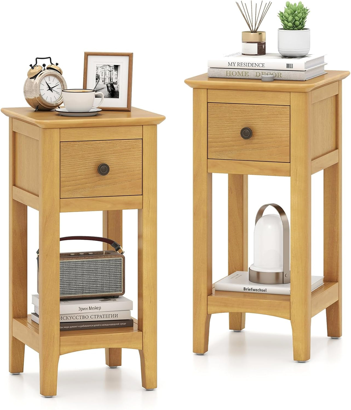 Goflame Narrow End Table with Drawer 23.5" H Side Table w/Open Storage Shelf & Solid Wood Frame