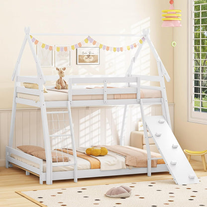 Goflame Twin Over Queen Bunk Bed, Wood House Bunk Bed for Kids with Climbing Nets and Ramp