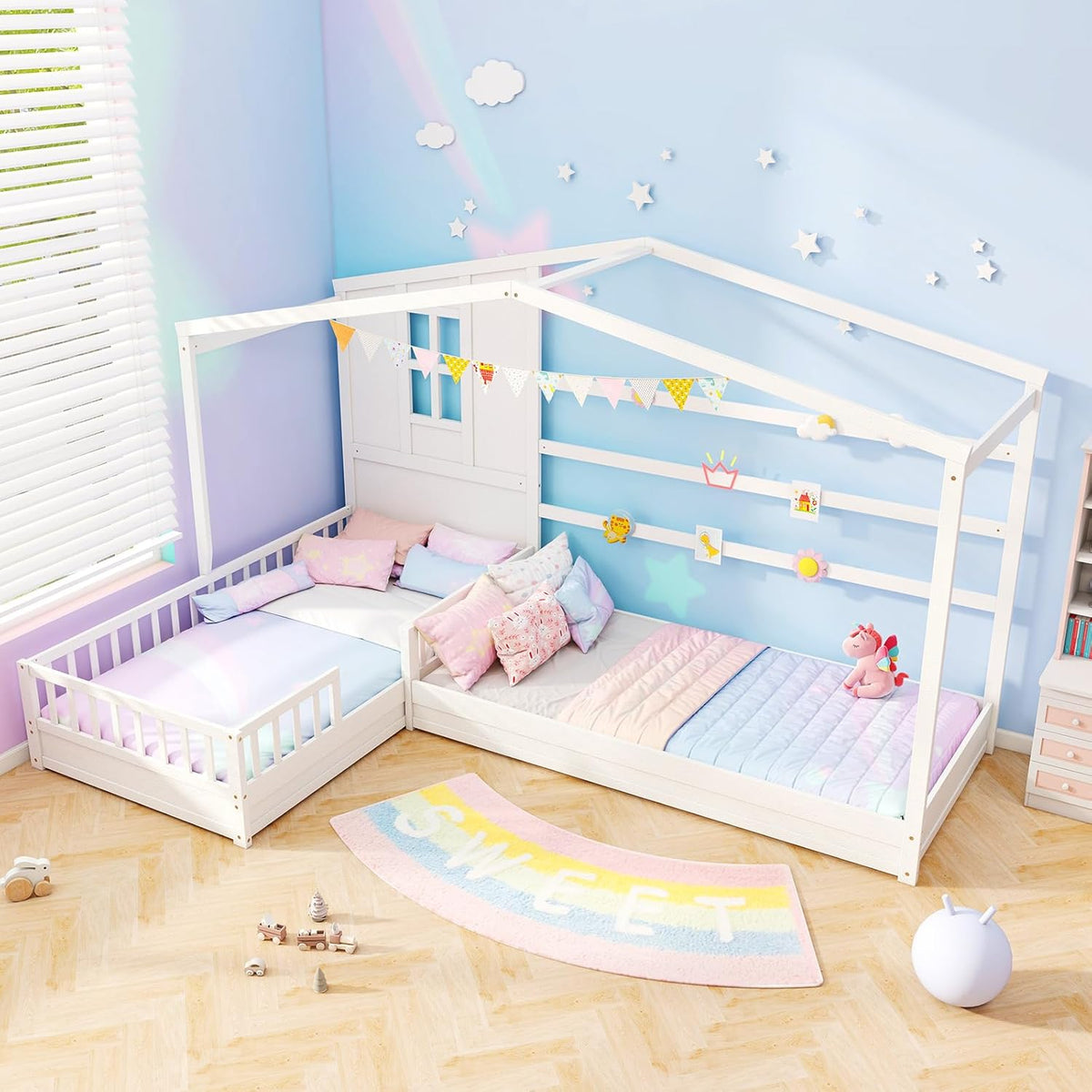 Goflame Double Twin Beds for Kids, House L-Shaped Platform Beds with Window & Fences