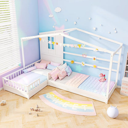Goflame Double Twin Beds for Kids, House L-Shaped Platform Beds with Window & Fences