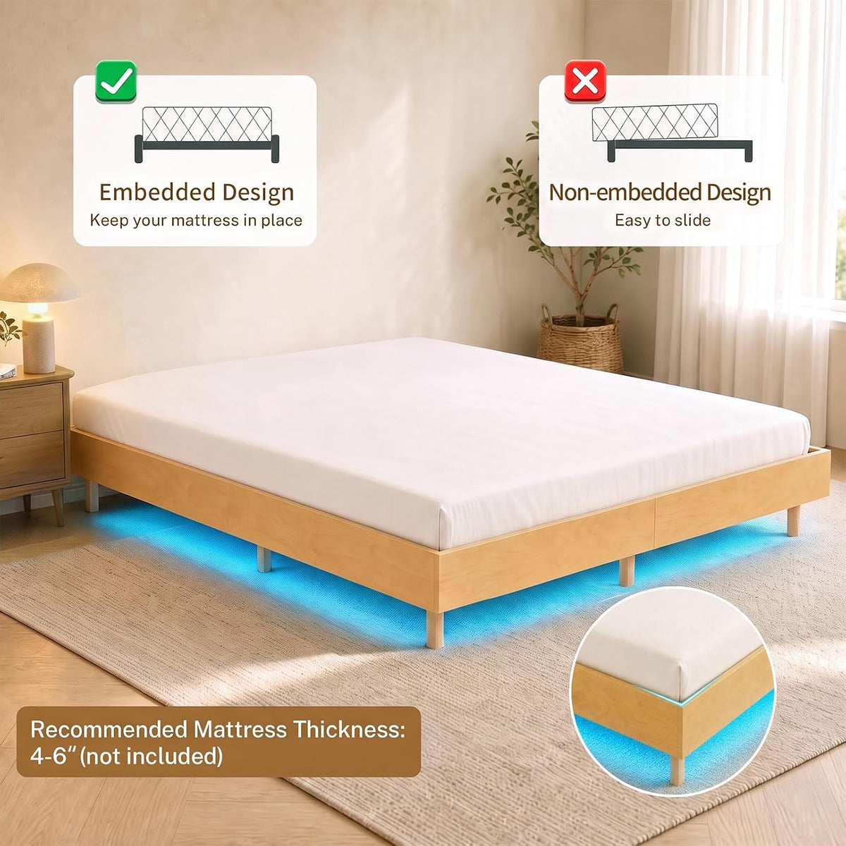 Goflame Wood Floating Bed Frame Queen Size with Smart LED Light, Natural | Modern Platform Bed w/Heavy Duty Mattress Foundation