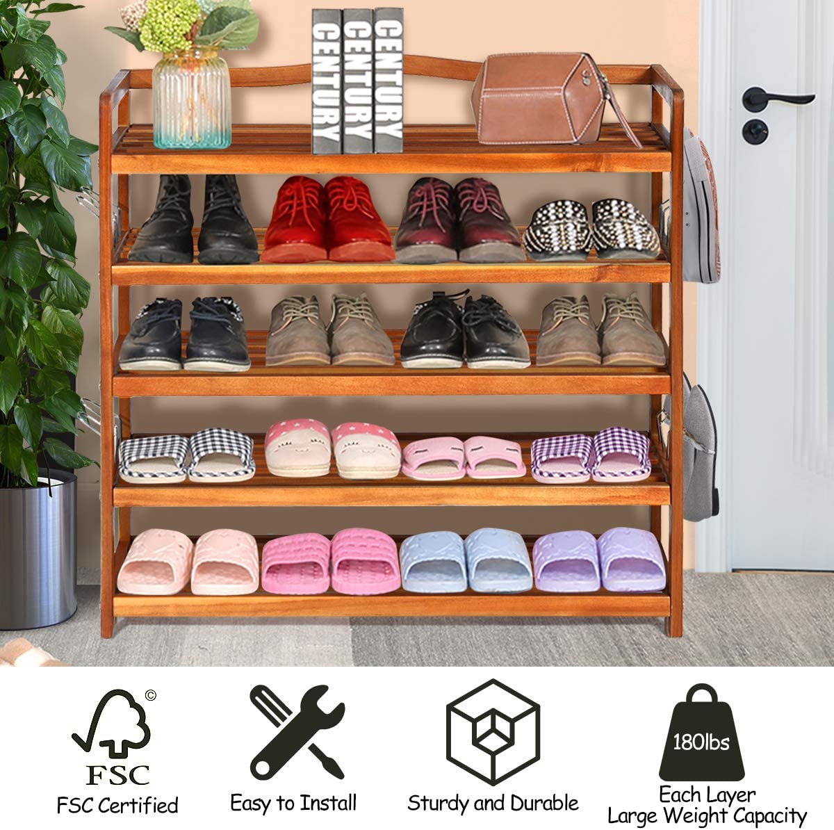 5-Tier Wood Shoe Rack Entryway Shoe Shelf Storage Organizer - Goflame