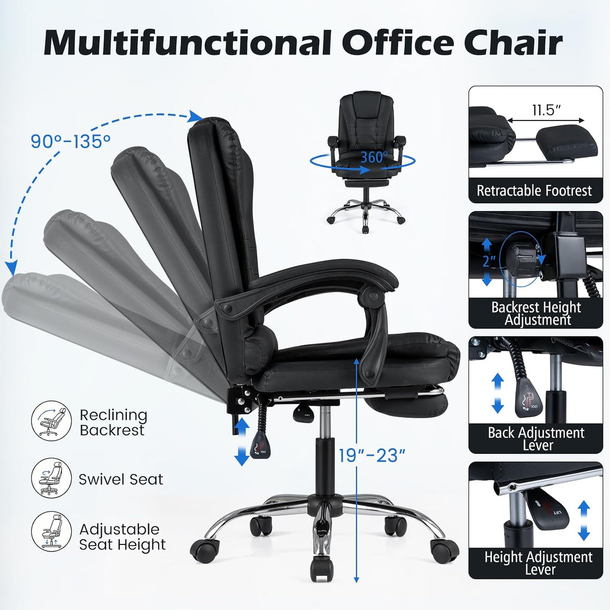 Goflame Massage Office Chair, Comfy Desk Chair with Foot Rest, Black | Executive Chair with Adjustable Reclining Backrest