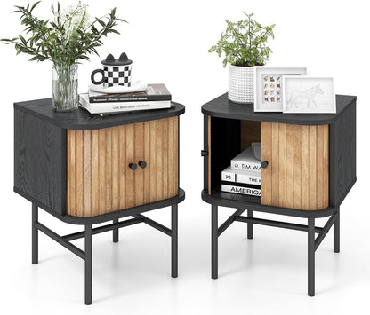 Goflame Mid-Century Modern Nightstand, Wood Bedside Table with Sliding Doors and 4 Metal Legs