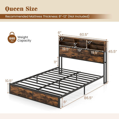 Goflame King/Queen/Twin Size Bed Frame with Storage Headboard and Charging Station, Industrial Metal Platform Bed