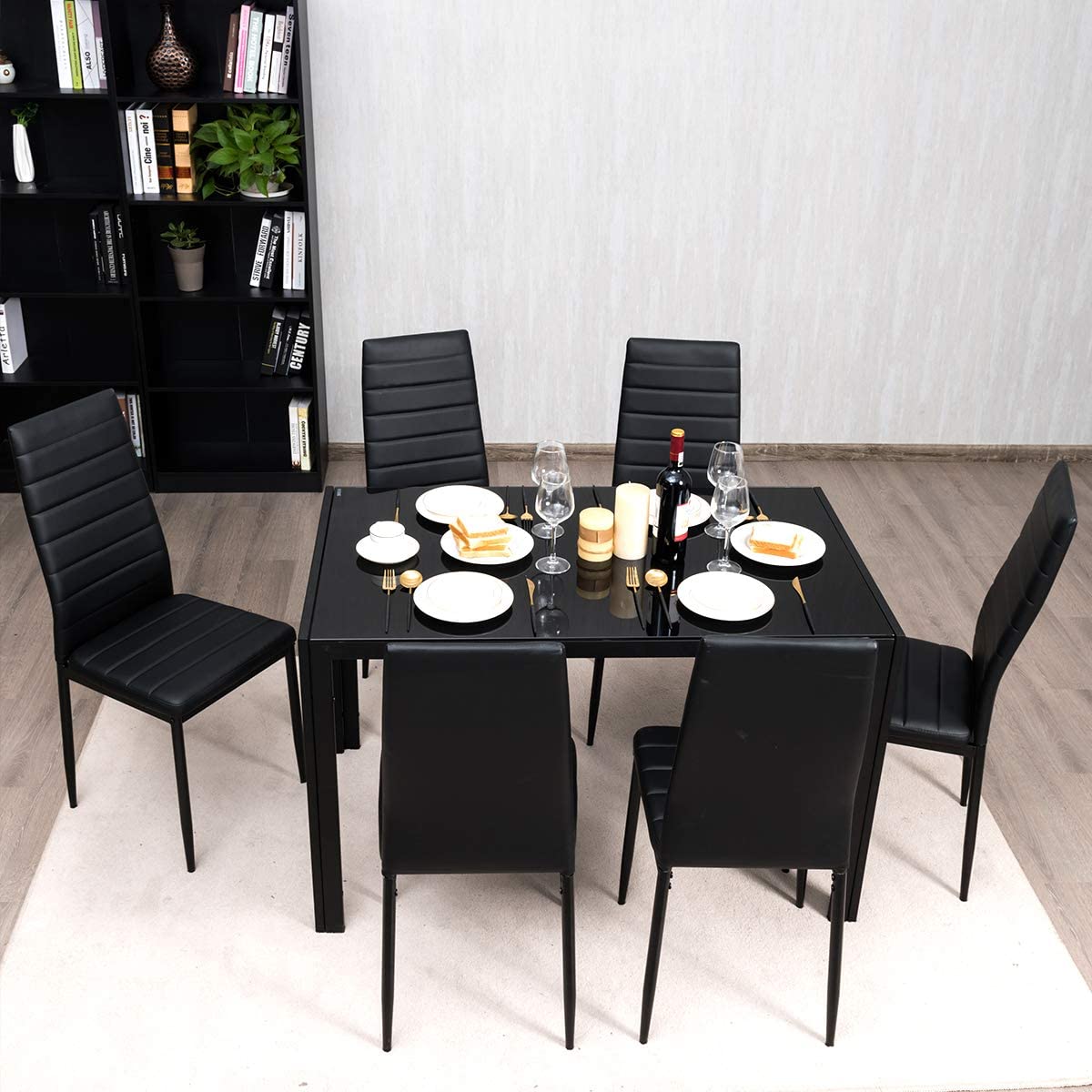 Goflame Kitchen Dining Table Set, Glass Tabletop Dining Room Set with Leather Padded 6 Chairs, Black