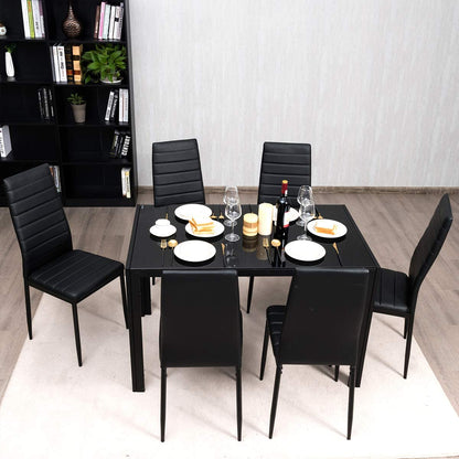 Goflame Kitchen Dining Table Set, Glass Tabletop Dining Room Set with Leather Padded 6 Chairs, Black