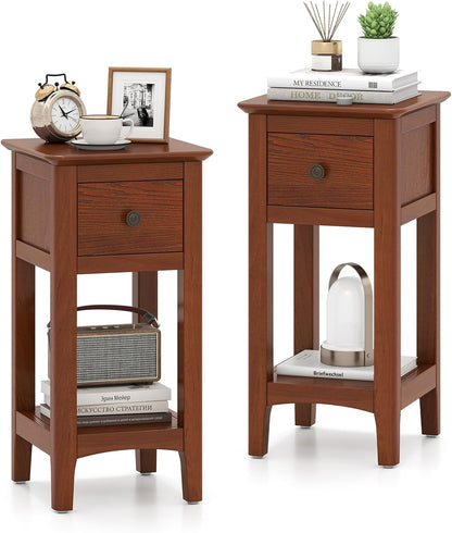Goflame Narrow End Table with Drawer 23.5" H Side Table w/Open Storage Shelf & Solid Wood Frame