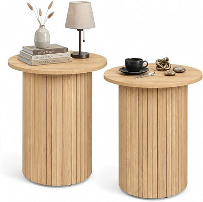 Goflame Round Side Table, Fluted Mid Century Modern Drum End Table | 22.5‘’ Wooden Pedestal Accent Nightstand for Bedroom