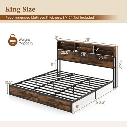 Goflame King/Queen/Twin Size Bed Frame with Storage Headboard and Charging Station, Industrial Metal Platform Bed