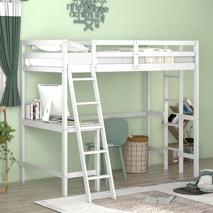 Goflame Twin Size Loft Bed with Desk, Solid Wood Loft Bed with 2 Ladders & Full Length Guardrail