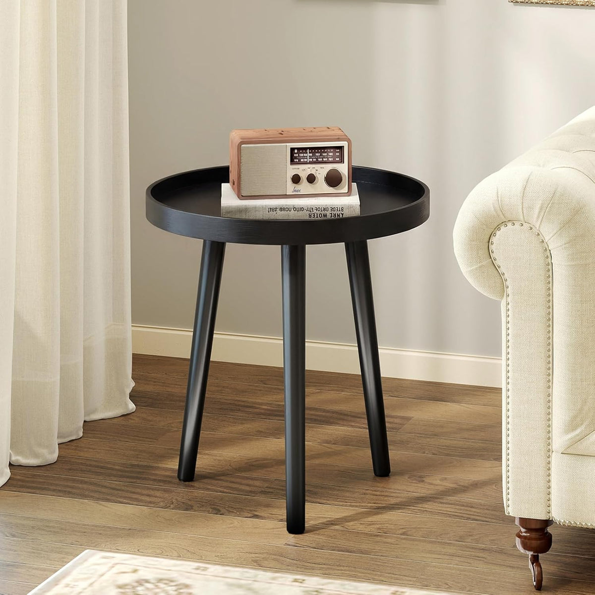 Goflame Mid Century Modern Side Table with Wooden Tray and Bamboo Legs