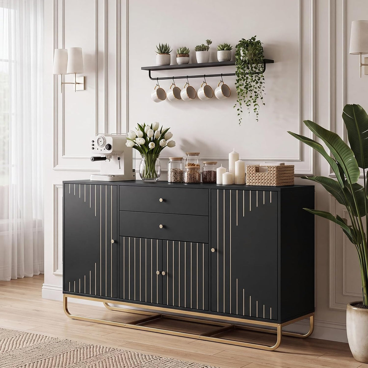 Goflame Modern Sideboard Buffet Cabinet with Storage & 2 Drawers| Coffee Bar Cabinet w/ Geometric Design