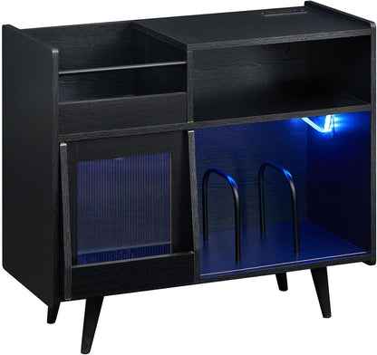 Goflame Large Record Player Stand with LED Light& Sliding Door