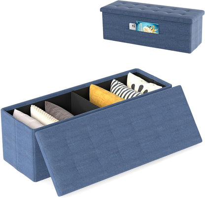 Goflame 43 Inches Folding Storage Ottoman Bench Upholstered Storage Chest with Side Pocket