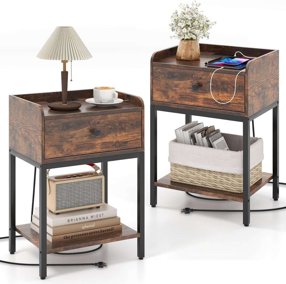 Goflame Nightstand with Charging Station, Industrial Bedside Table with Storage Drawer & Open Shelf