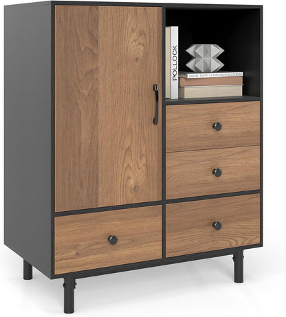 Goflame Storage Cabinet with 4 Drawers Door & Open Compartment, Metal Support Legs