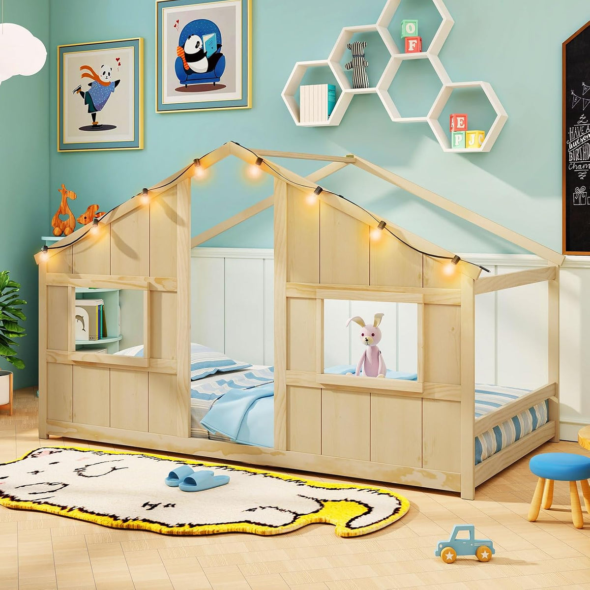 Goflame Twin Kids House Bed with Light Bulbs Wooden Montessori Floor Bed Frame with Roof & Windows